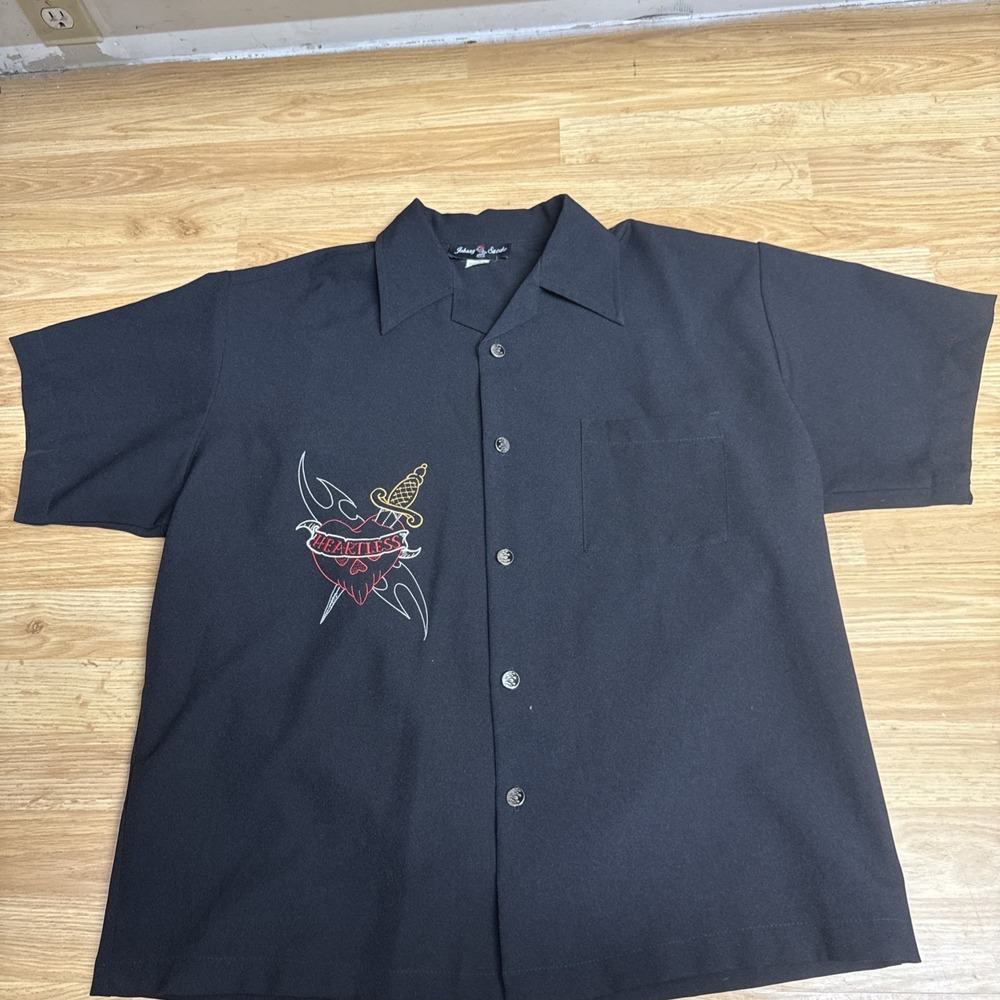 Johnny Suede Mens L Black Heartless Embroidered Button Down Shirt Rockabilly